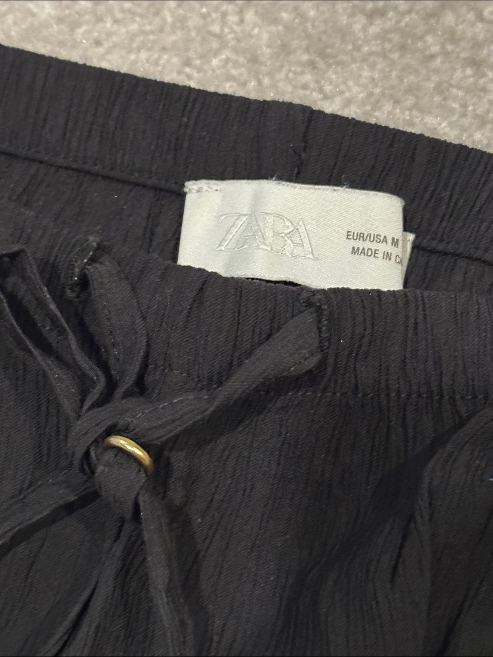 Zara Black Linen Textured Drawstring Straight-Leg Pants
